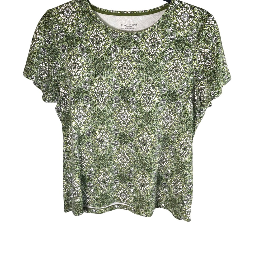 Charter Club Petite Green Paisley Print 100% Pima Cotton Short Sleeve Top‎